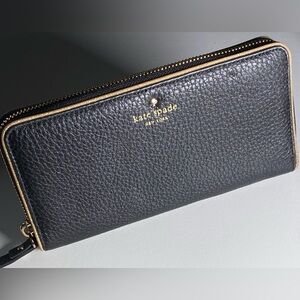 Kate Spade Black Leather Continental  Wallet with Gold Trim